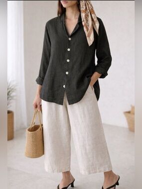 Flax By Jeanne Engleheart 100% Linen BIk Top Lagenlook Oversize Coastal Artsy S